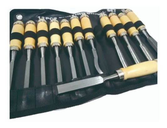 Set 12 Gubias Mango Madera - Incluye Estuche y Piedra Afilar