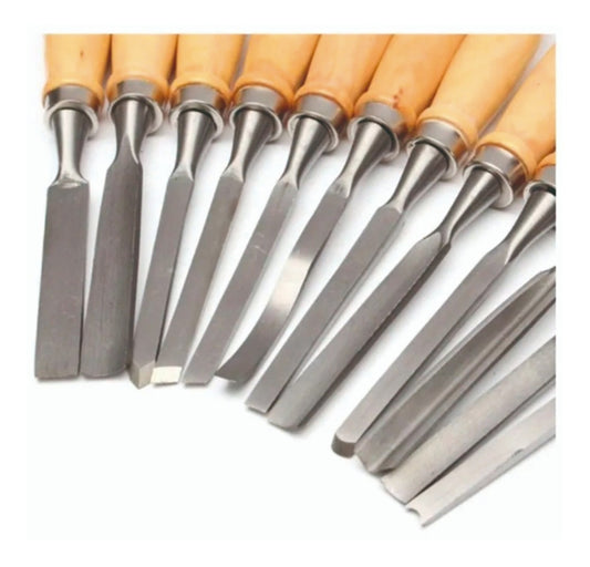 Set 12 Gubias Mango Madera - Incluye Estuche y Piedra Afilar