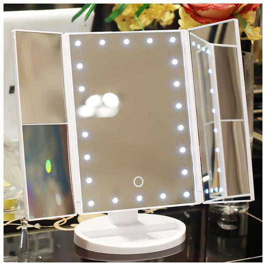 Espejo Portátil Maquillaje 3 Pliegue 24 Luz Led Tocador Usb