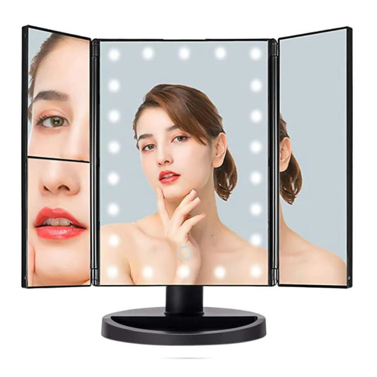 Espejo Portátil Maquillaje 3 Pliegue 24 Luz Led Tocador Usb