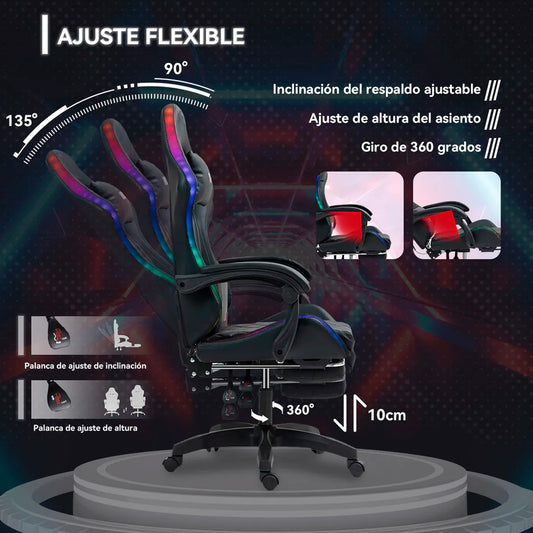Silla Gamer Rgb Reclinable Con Masajeasdor Reposapiés Vidita Silla Gaming PC Videojuego Cuero Sintético Color Negro
