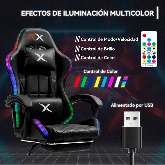 Silla Gamer Rgb Reclinable Con Masajeasdor Reposapiés Vidita Silla Gaming PC Videojuego Cuero Sintético Color Negro