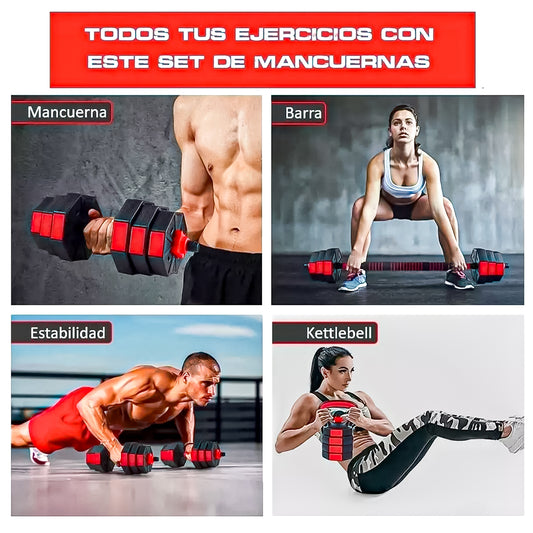 Set Mancuernas Ajustables 15kg 3 En 1 + Barra + Kettlebell